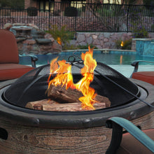 Load image into Gallery viewer, Sun Joe SJFP35-STN-BRL 35-in. Cast Stone Base, Wood Burning Fire Pit w/Dome Screen and Poker, Rustic Barrel