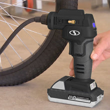 Load image into Gallery viewer, Sun Joe 24V-AJC-LTW-BLK 24-Volt iON+ Cordless Portable Air Comporessor Kit | W/ 1.3-Ah Battery, Charger, Storage Bag, and Nozzle Adapters (Black)
